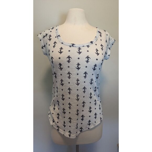 Womens White Anchor Print T-Shirt With Navy Anchors By WF Large Nautical - Picture 1 of 4